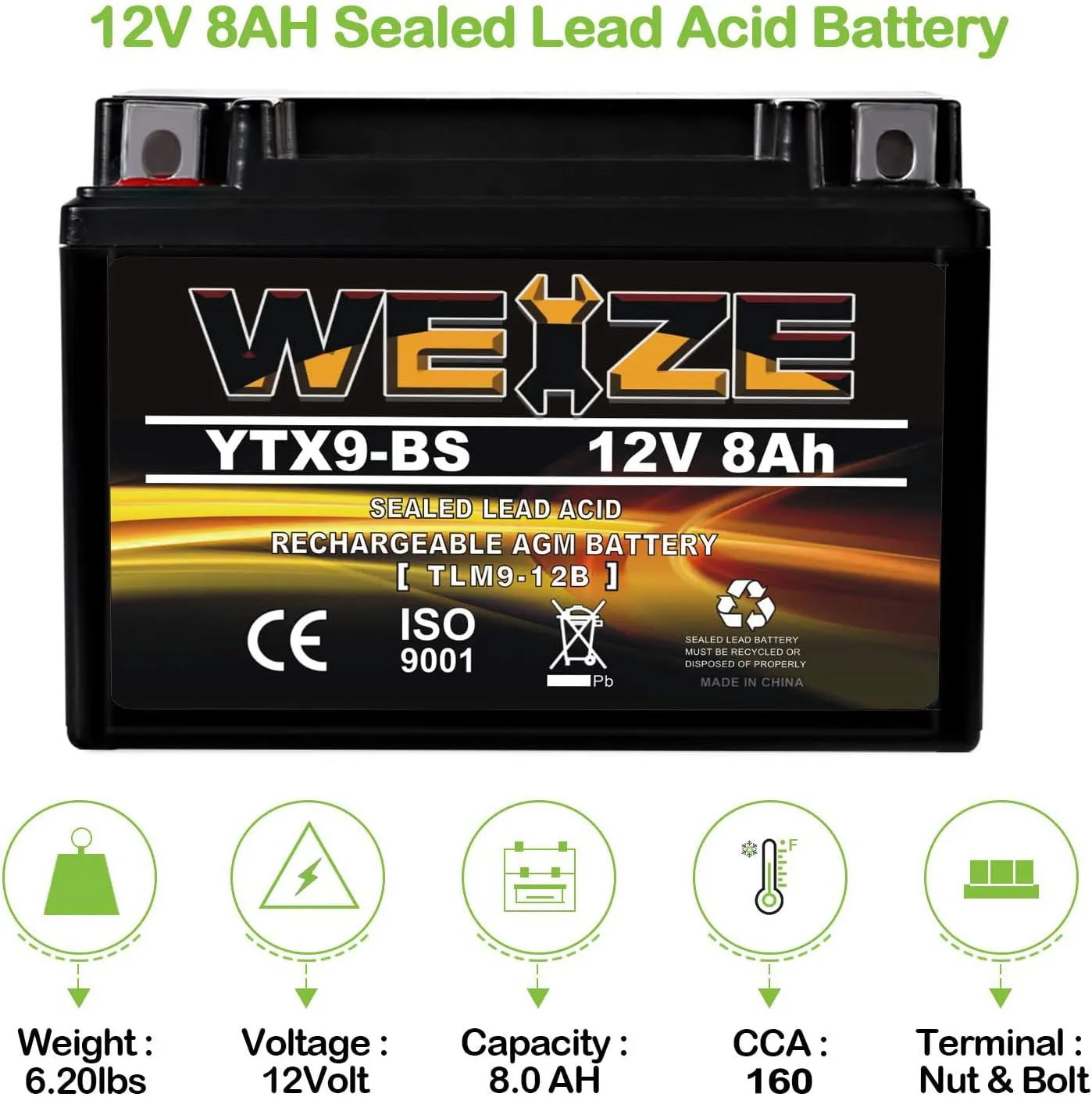 Weize YTX9-BS Maintenance Free Lead-Acid Battery For Motorcycle, ATV, Honda, Polaris, Suzuki