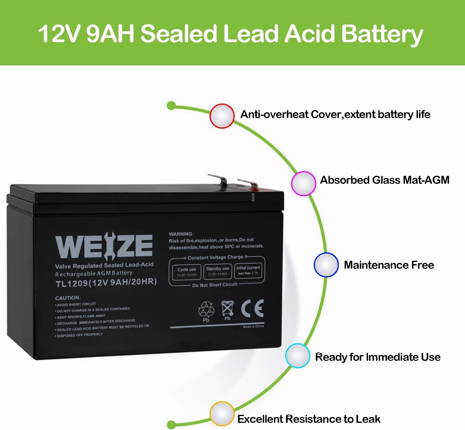 WEIZE 12V 9AH Battery, Sealed Lead Acid Battery with F2 Terminals, Rechargeable Replaces 12 Volt 8AH 10AH for Razor e200 / e200s / e225 / e300, APC UPS Computer Backup Power (BX1300LCD), 2 Pack