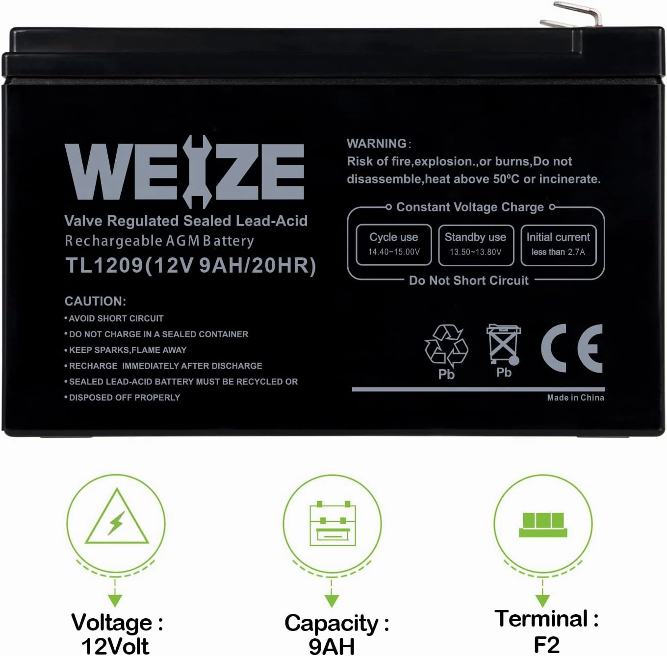 WEIZE 12V 9AH Battery, Sealed Lead Acid Battery with F2 Terminals, Rechargeable Replaces 12 Volt 8AH 10AH for Razor e200 / e200s / e225 / e300, APC UPS Computer Backup Power (BX1300LCD), 2 Pack