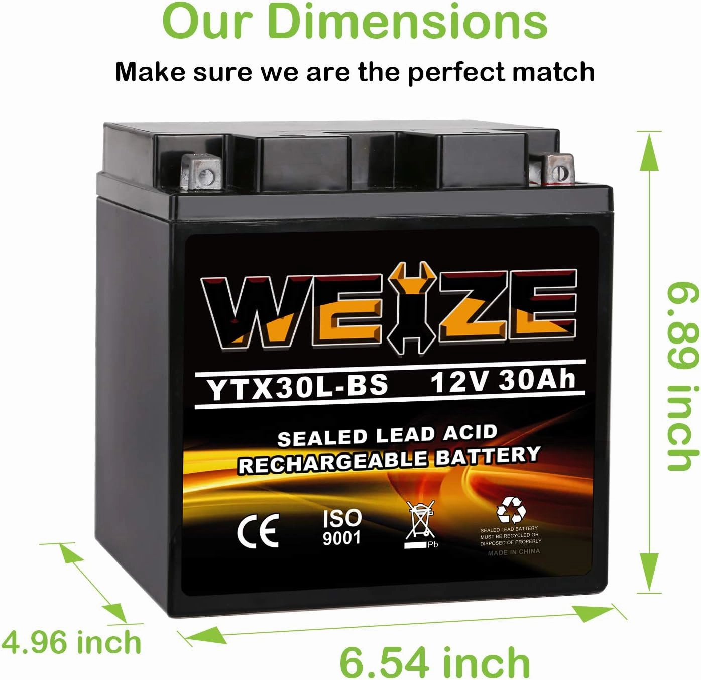 Weize YTX30L-BS Battery Replacement Yuasa YIX30L Motorcycle Battery - Factory Sealed - Maintenance Free - High Performance ETX30L BS For Harley Davidson Polaris Sportsman