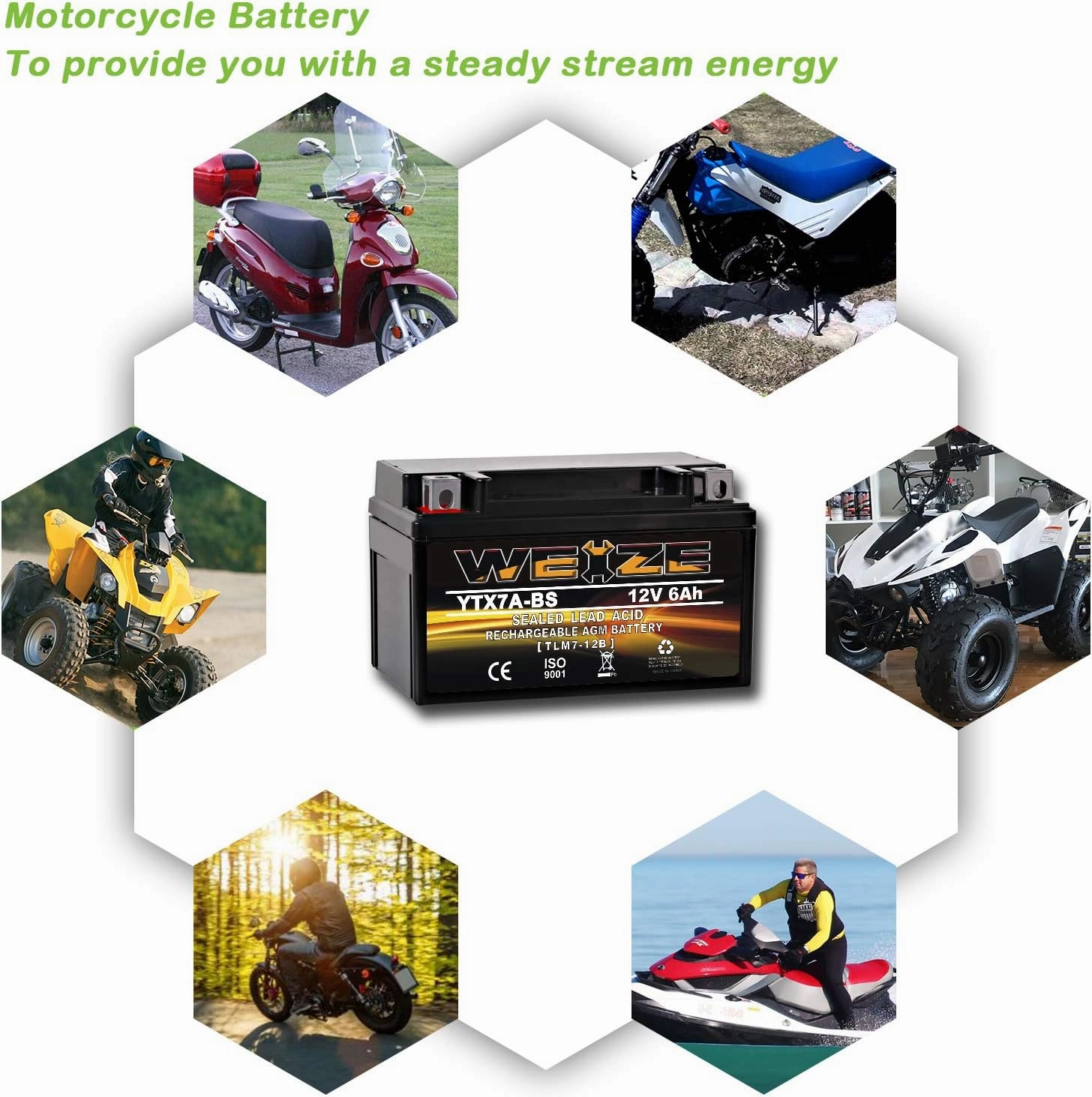 Weize YTX7A-BS High Performance - Maintenance Free - Sealed AGM Motorcycle Battery Compatible with Gas Gy6 Scooter Moped 50CC 125CC