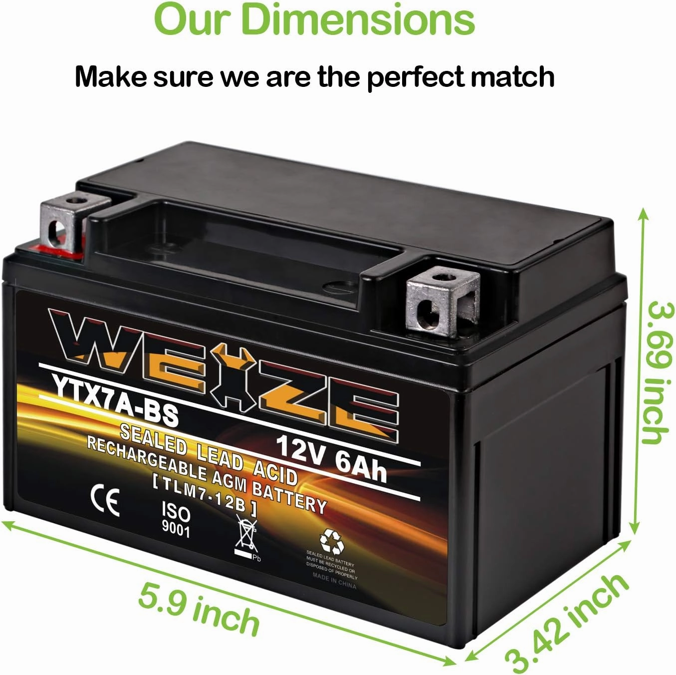 Weize YTX7A-BS High Performance - Maintenance Free - Sealed AGM Motorcycle Battery Compatible with Gas Gy6 Scooter Moped 50CC 125CC