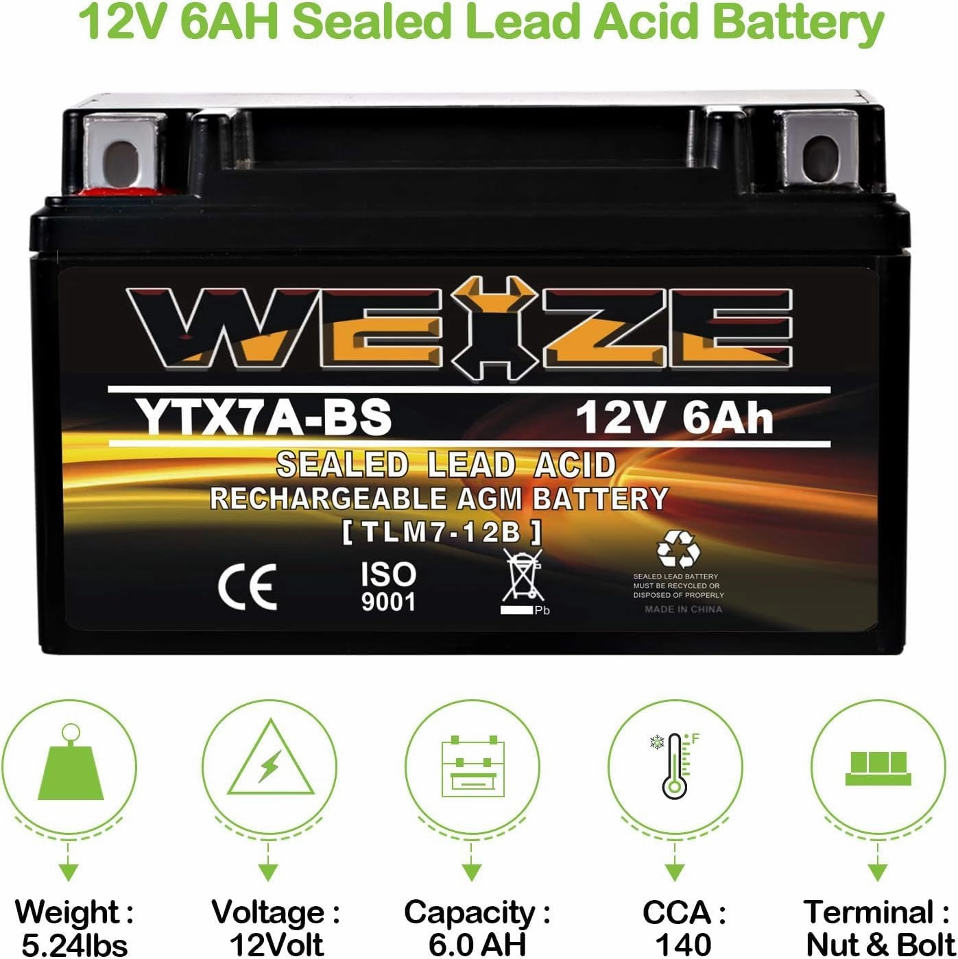 Weize YTX7A-BS High Performance - Maintenance Free - Sealed AGM Motorcycle Battery Compatible with Gas Gy6 Scooter Moped 50CC 125CC