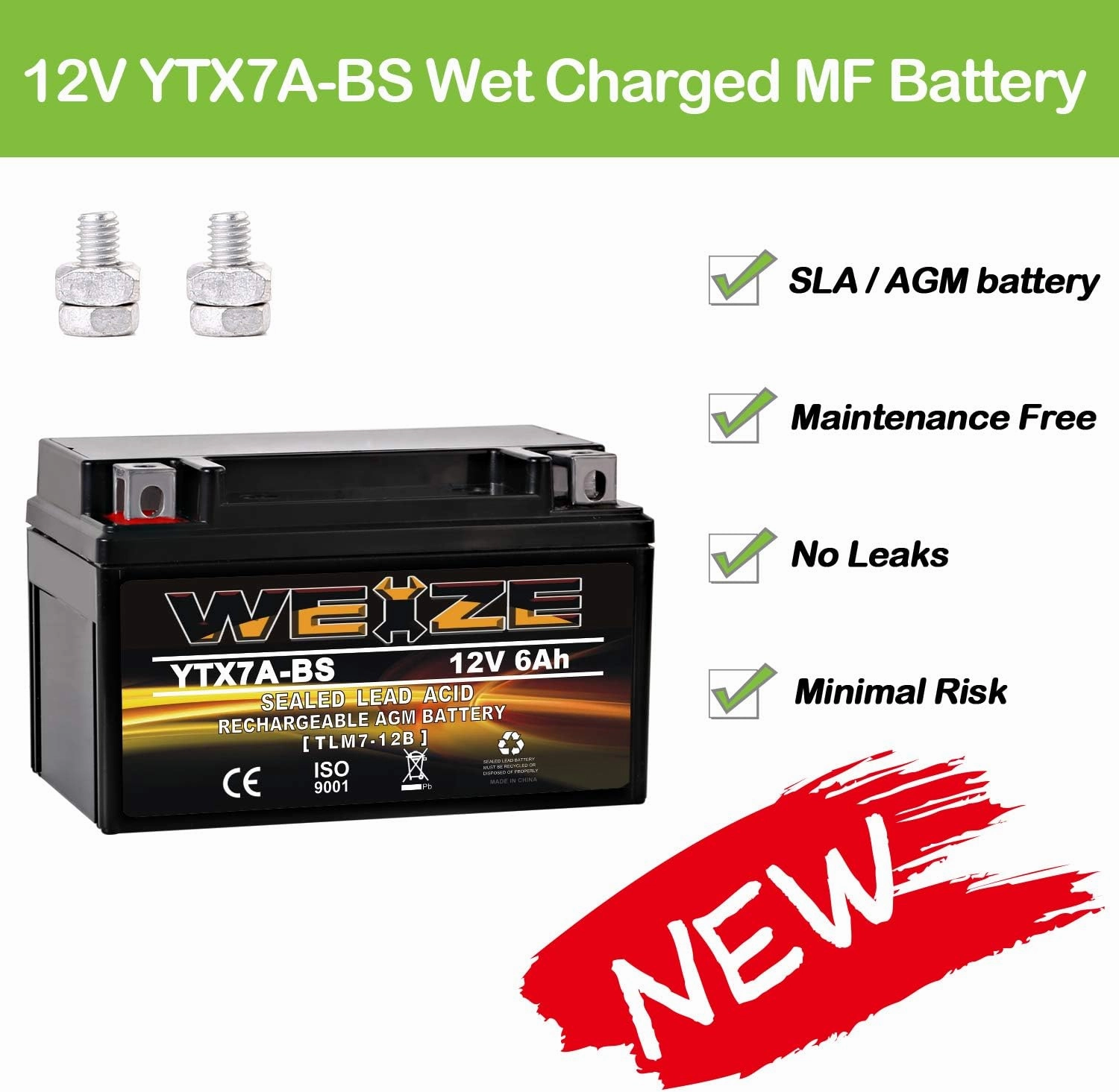 Weize YTX7A-BS High Performance - Maintenance Free - Sealed AGM Motorcycle Battery Compatible with Gas Gy6 Scooter Moped 50CC 125CC