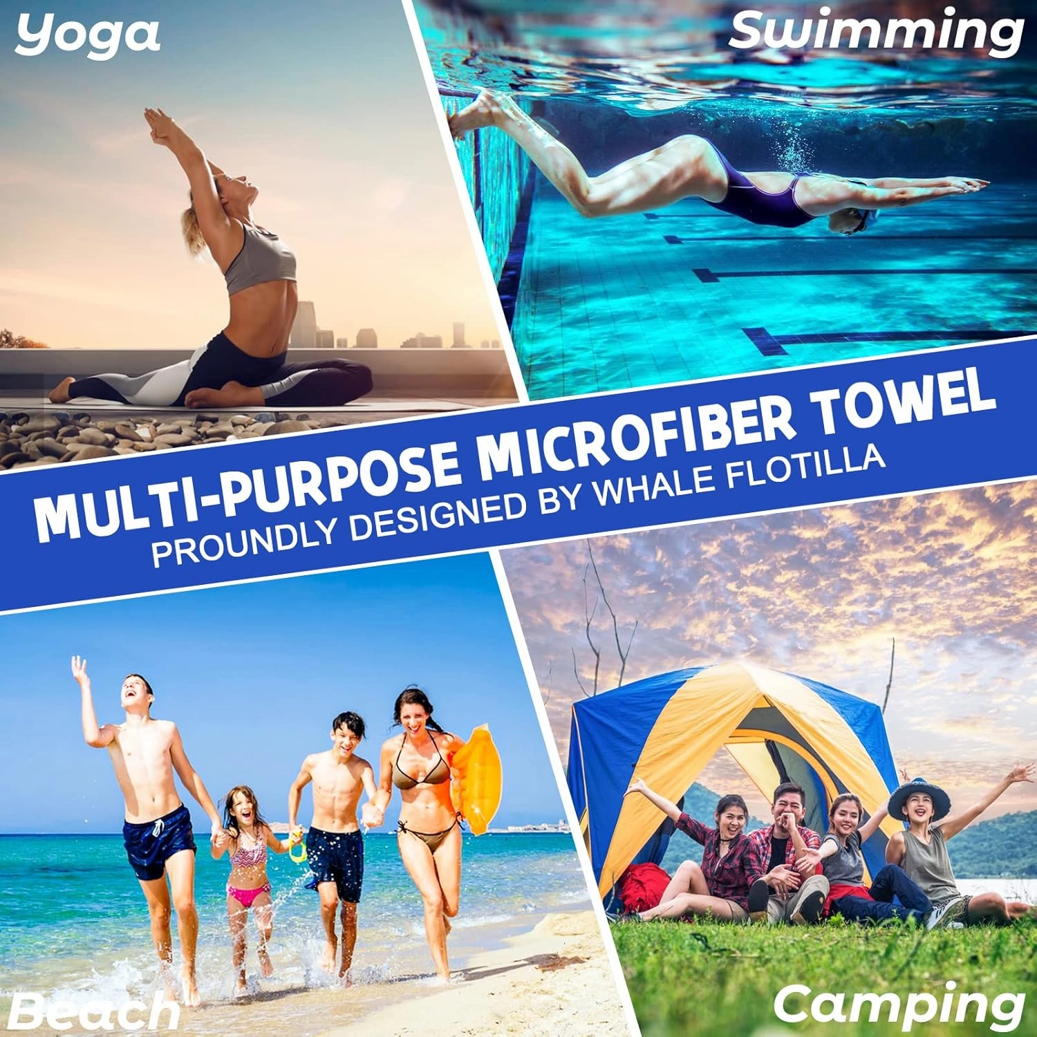 Whale Flotilla 4 Pack Large Quick Dry Beach Towel (30"x60"), Microfiber Sand-Free Beach Towel Set, Super Absorbent Compact Pool Travel Accessories, Purple/Black/Blue/Navy