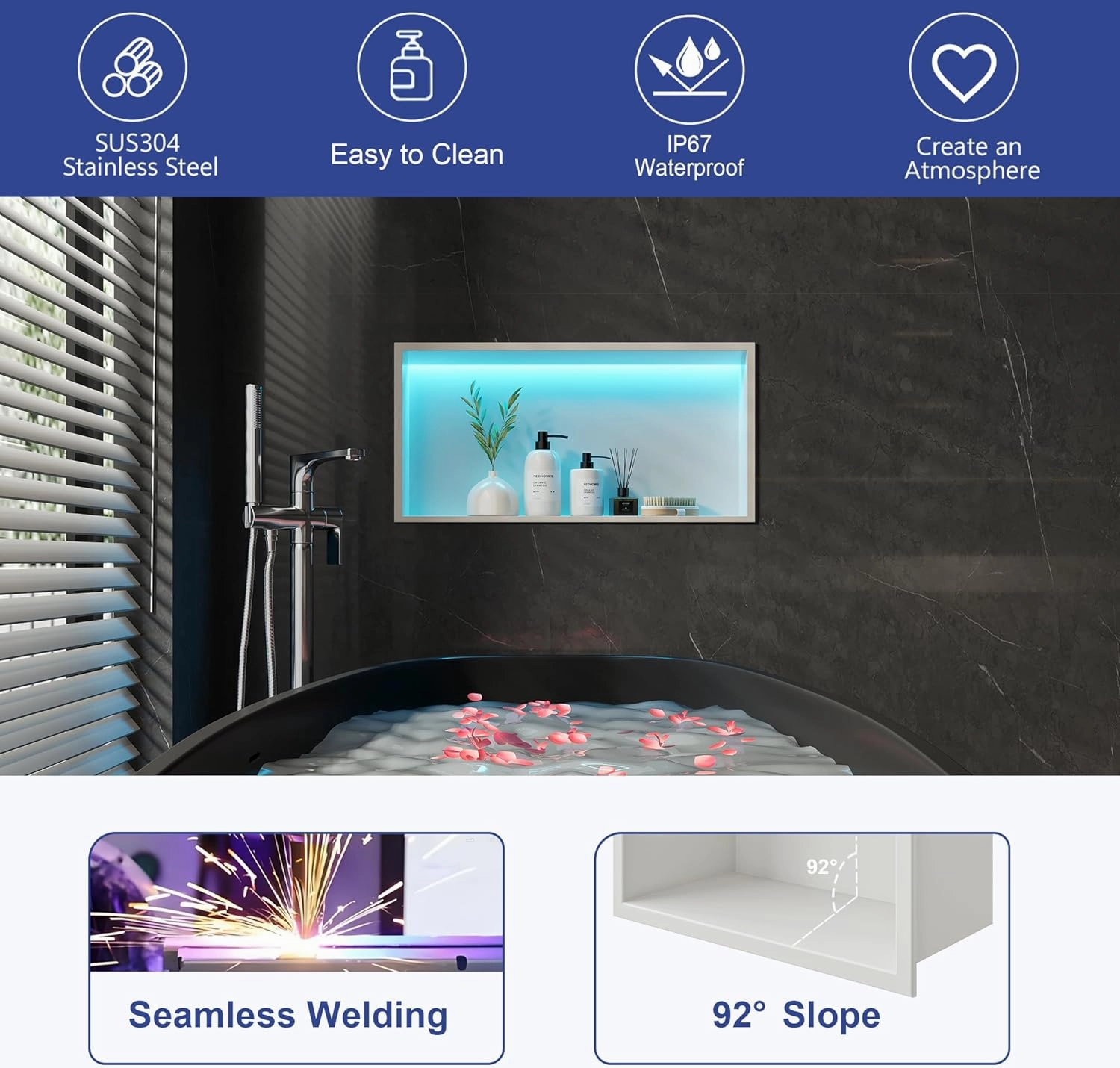 White Stainless Steel Shower Niche 24x12Inch, Dimmable RGB Led Light Wall Niche, No Tile Needed Recessed Niches for Bathroom Storage Built-in Installation