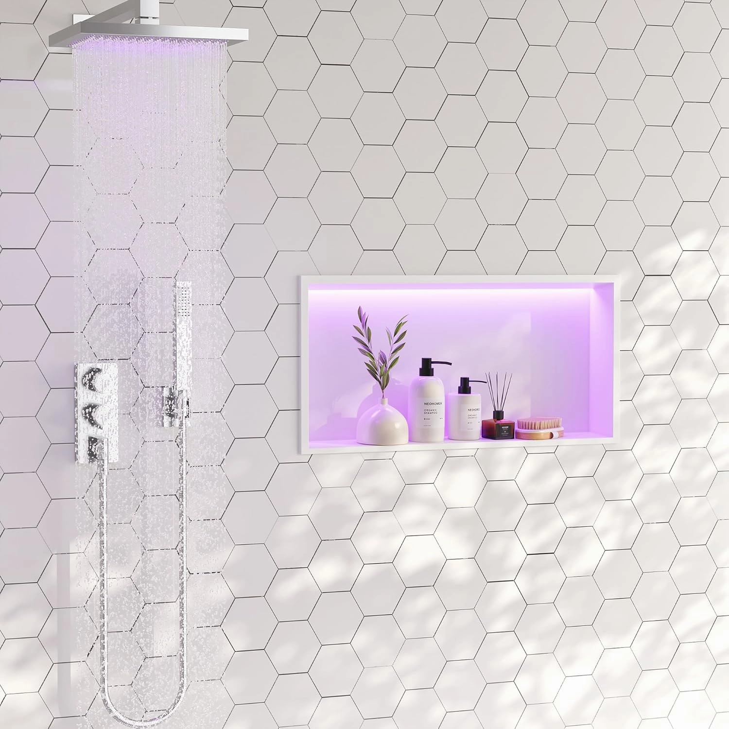 White Stainless Steel Shower Niche 24x12Inch, Dimmable RGB Led Light Wall Niche, No Tile Needed Recessed Niches for Bathroom Storage Built-in Installation