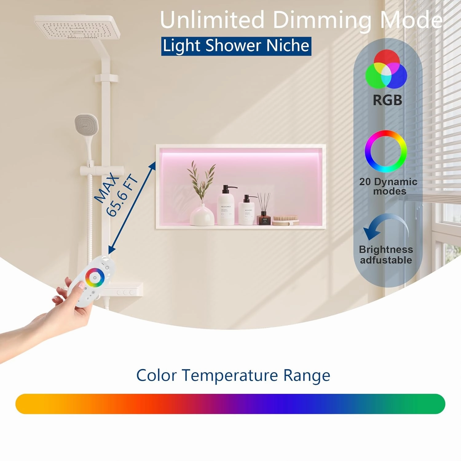 White Stainless Steel Shower Niche 24x12Inch, Dimmable RGB Led Light Wall Niche, No Tile Needed Recessed Niches for Bathroom Storage Built-in Installation