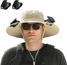 Wide Brim Solar Fan Hat, with 2 Solar Fans Beach Hat, Outdoor Sun Hat for Men and Women Waterproof Hiking Camping Fishing Hat