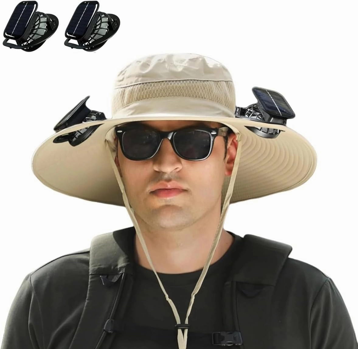 Wide Brim Solar Fan Hat, with 2 Solar Fans Beach Hat, Outdoor Sun Hat for Men and Women Waterproof Hiking Camping Fishing Hat