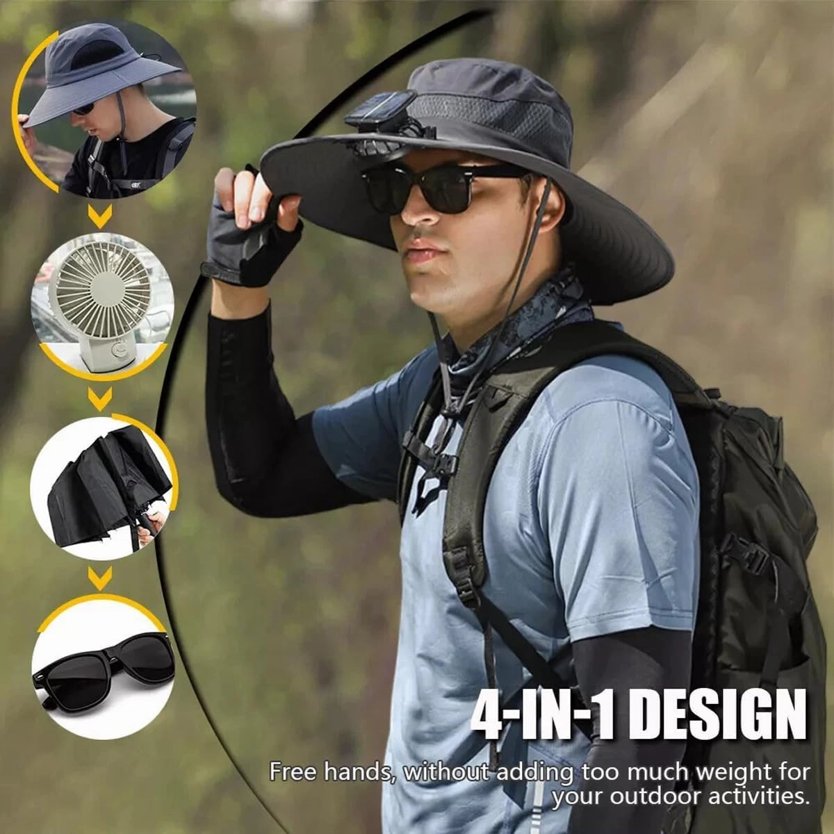 Wide Brim Solar Fan Hat, with 2 Solar Fans Beach Hat, Outdoor Sun Hat for Men and Women Waterproof Hiking Camping Fishing Hat