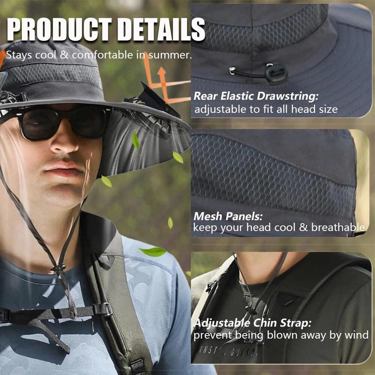 Wide Brim Solar Fan Hat, with 2 Solar Fans Beach Hat, Outdoor Sun Hat for Men and Women Waterproof Hiking Camping Fishing Hat