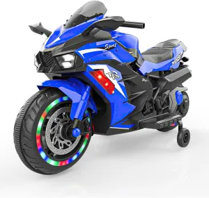 WIIS'IDEA Kids Ride On Motorcycle,12V Electric Battery Powered Ride On Bike,2 Wheels Electric Motorcycle for Kids Ages 3-6 Years with Hand Racing,Foot Brake,Light Wheel,PU Seat,Toy Gifts（Blue）