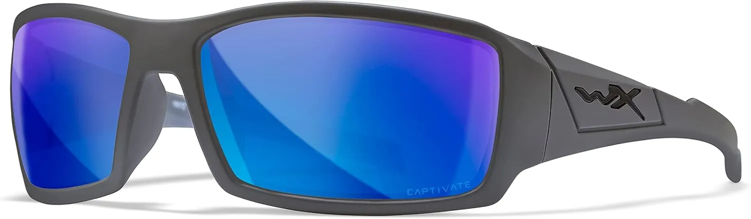 Wiley X WX Twisted Captivate Polarized Sunglasses, Safety Glasses for Men and Women, UV Eye Protection for Shooting, Fishing, Biking, and Extreme Sports, Matte Grey Frames, Blue Tinted Lenses