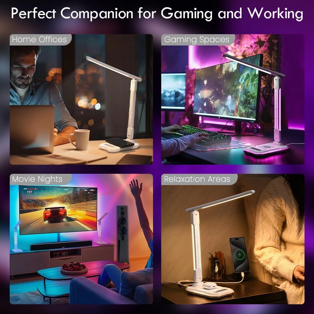 WILIT Color Changing Desk Lamp,Sound Reactive RGB Foldable Gaming Light,Wireless Charging & USB Charging Port,Adjustable Arm,Touch Control Lamp,Reading,Desktop Light,Birthday Gifts（White）