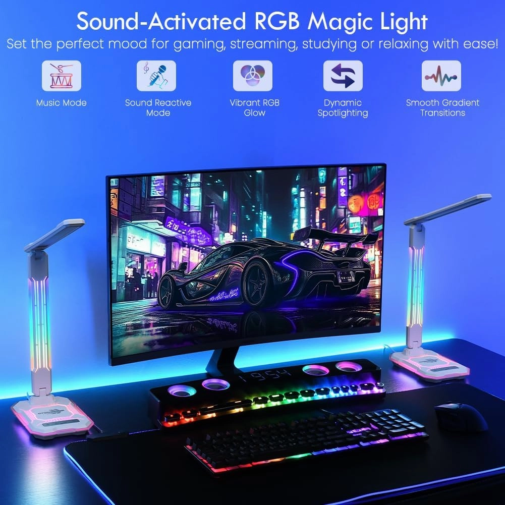 WILIT Color Changing Desk Lamp,Sound Reactive RGB Foldable Gaming Light,Wireless Charging & USB Charging Port,Adjustable Arm,Touch Control Lamp,Reading,Desktop Light,Birthday Gifts（White）