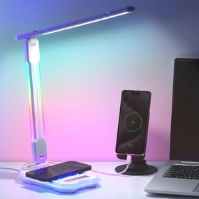 WILIT Color Changing Desk Lamp,Sound Reactive RGB Foldable Gaming Light,Wireless Charging & USB Charging Port,Adjustable Arm,Touch Control Lamp,Reading,Desktop Light,Birthday Gifts（White）