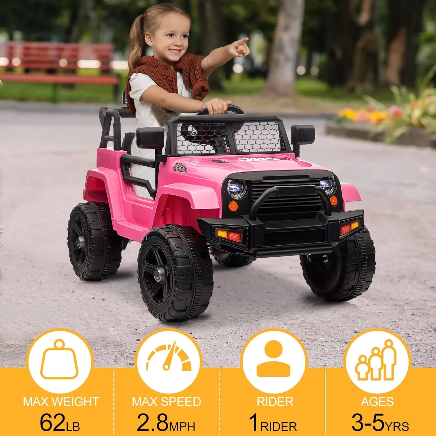 Winado 12V Kids Ride On Truck, Battery Powered Electric Kids Car Vehicle Toy W/Parent Remote Control, Openable Doors, Slow Start, Horn, LED Lights, Music Player, 3 Speeds (Pink)