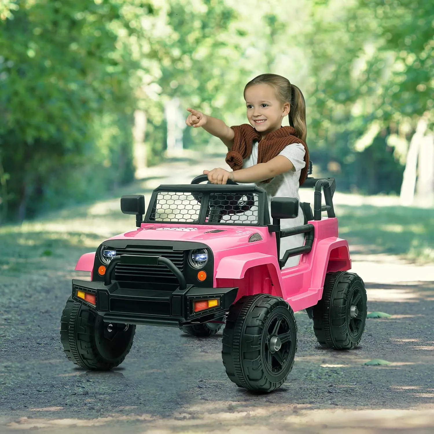 Winado 12V Kids Ride On Truck, Battery Powered Electric Kids Car Vehicle Toy W/Parent Remote Control, Openable Doors, Slow Start, Horn, LED Lights, Music Player, 3 Speeds (Pink)