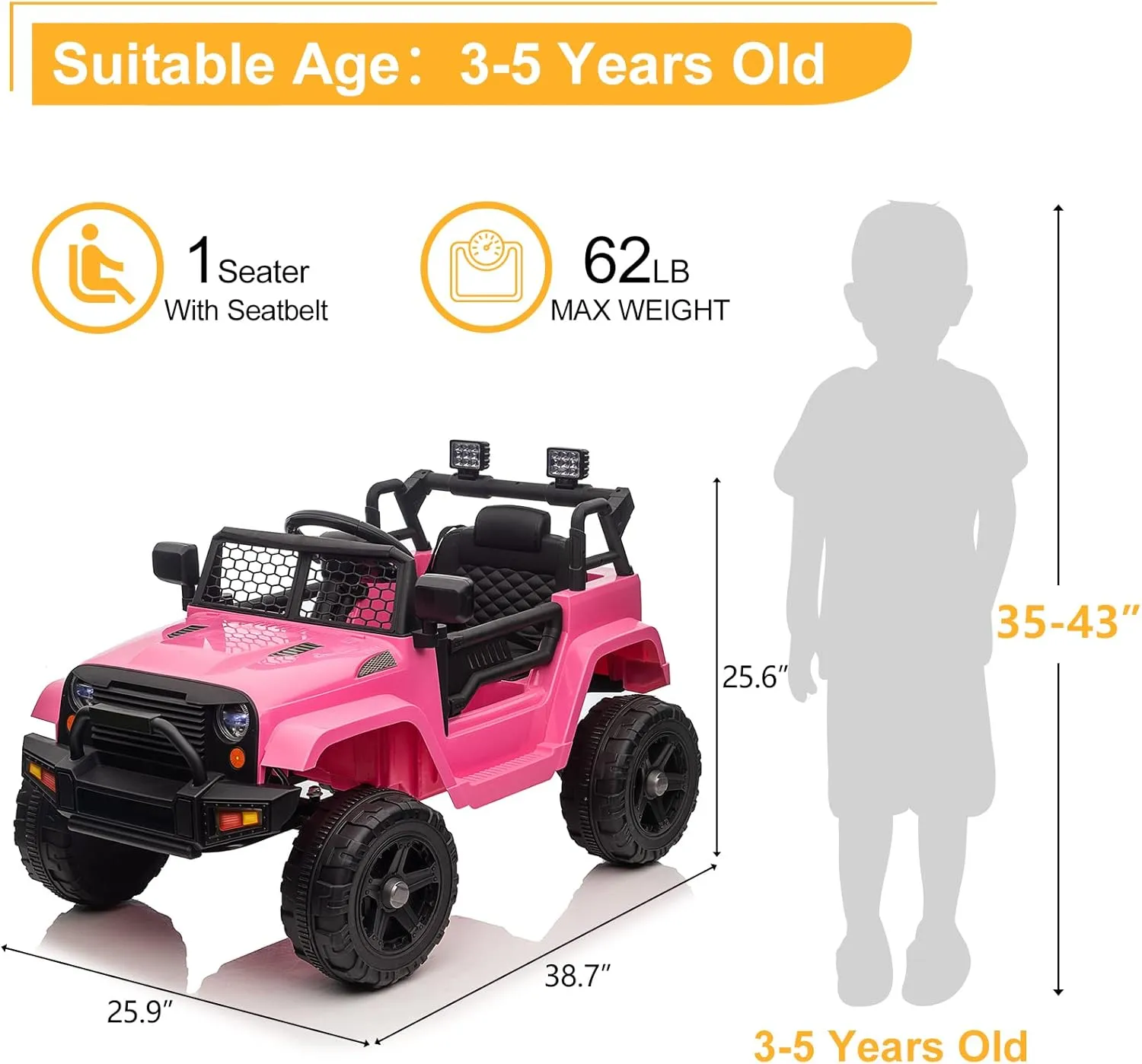 Winado 12V Kids Ride On Truck, Battery Powered Electric Kids Car Vehicle Toy W/Parent Remote Control, Openable Doors, Slow Start, Horn, LED Lights, Music Player, 3 Speeds (Pink)