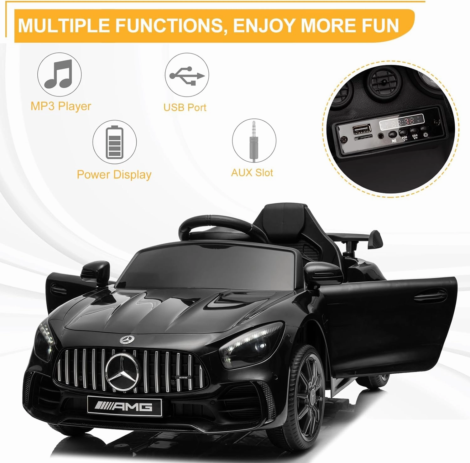 Winado 12V Ride on Car, Licensed Mercedes Benz AMG GTR Battery Powered Electric Vehicle, w/Parent Remote, Wider Seat, LED Lights, Openable Doors, MP3 Player, Smooth Start, 3 Speeds - Black