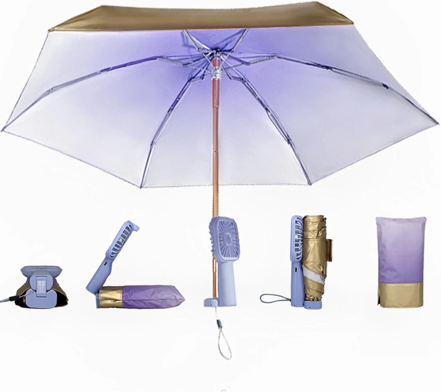 Windproof Fan Umbrella Portable Cooling Sun Protection Lightweight Rechargeable Uv Blocking Mini Waterproof Folding Travel