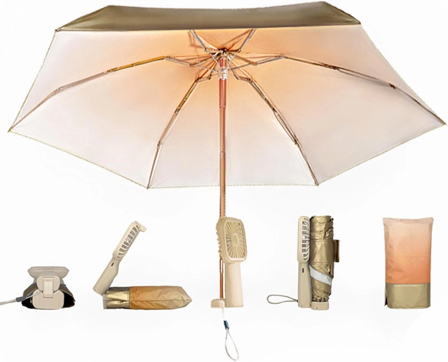 Windproof Fan Umbrella Portable Cooling Sun Protection Lightweight Rechargeable Uv Blocking Mini Waterproof Folding Travel