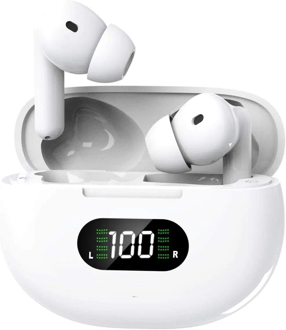 Wireless Earbuds, Bluetooth Earphones with 45H Playback, LED Power Display, Waterproof, Advanced Noise Cancelling, Low Latency Fast Charge