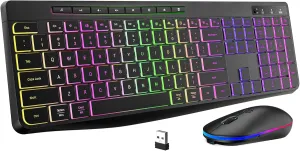Wireless Keyboard and Mouse Combo With Backlit,2.4G Full Size Ergonomic Keyboard with Light Up Letters,Rechargeable and Slim RGB Mouse,Silent Click For Windows/MAC PC,Laptop,Chromebook,Surface,Macbook