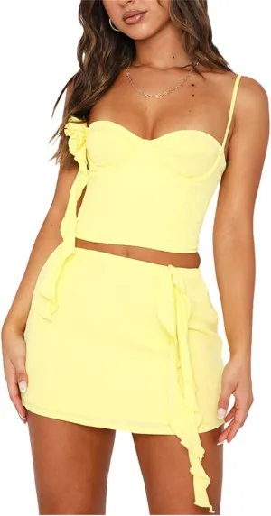 Women Ruffle 2 Piece Skirt Set Sleeveless Crop Top Bodycon Mini Short Skirt Fringed Tassel 3DFlower Sexy Fairy Outfit