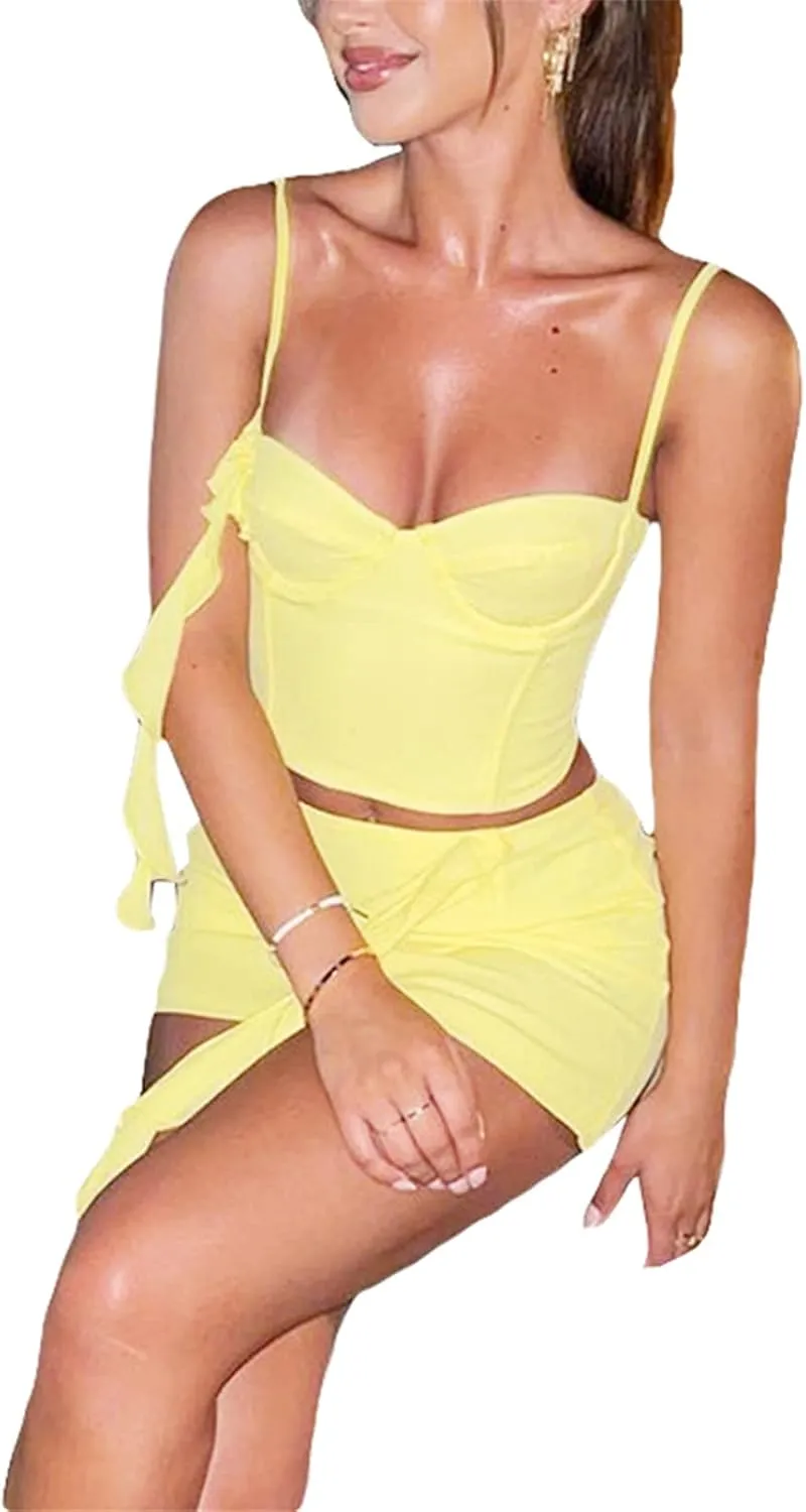 Women Ruffle 2 Piece Skirt Set Sleeveless Crop Top Bodycon Mini Short Skirt Fringed Tassel 3DFlower Sexy Fairy Outfit