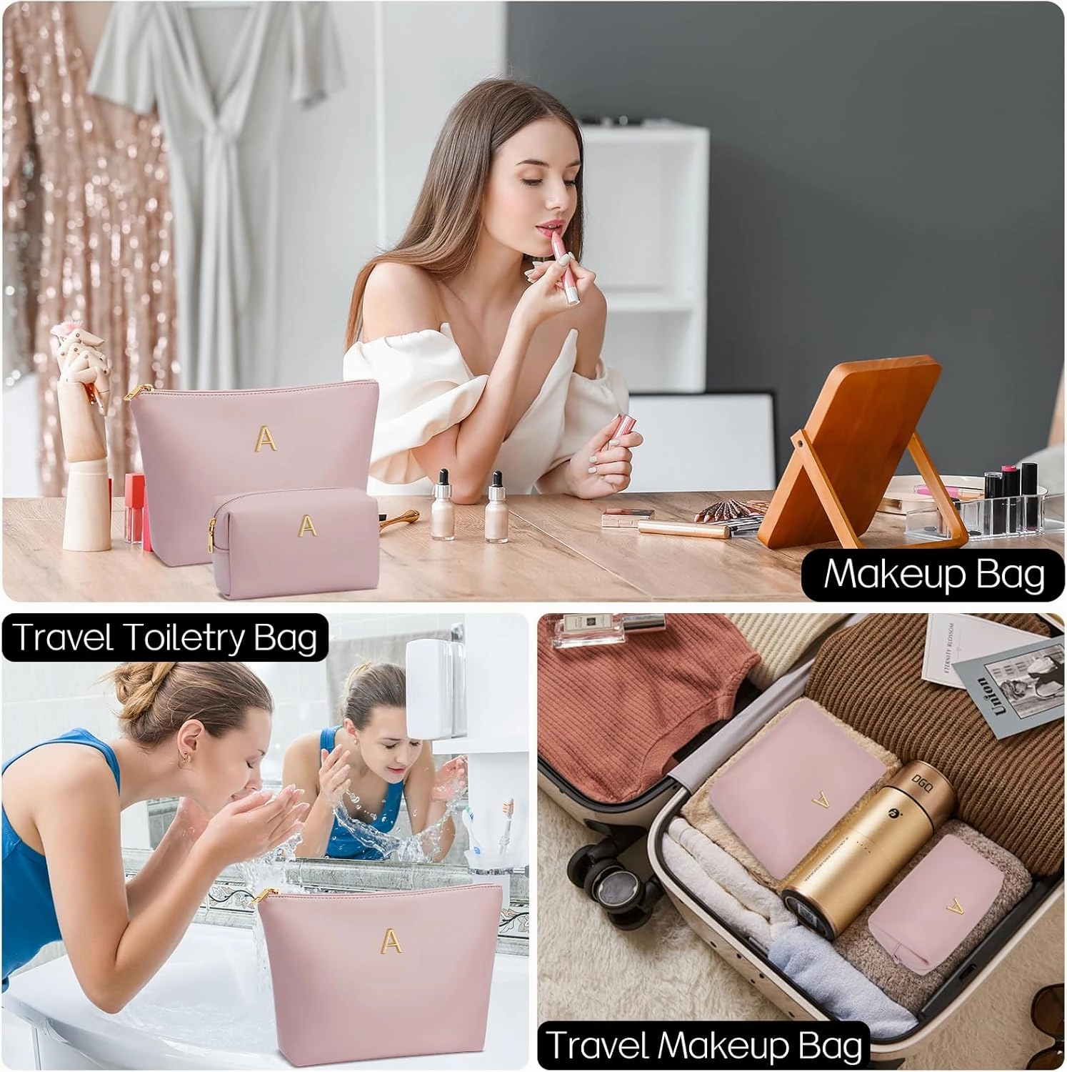 Women Gifts | Initial Makeup Bag Set for Girl Personalized Gifts for Bridesmaid Friend Graduation Teachers PU Leather Cosmetic Travel Toiletry Bag(Pink,A)