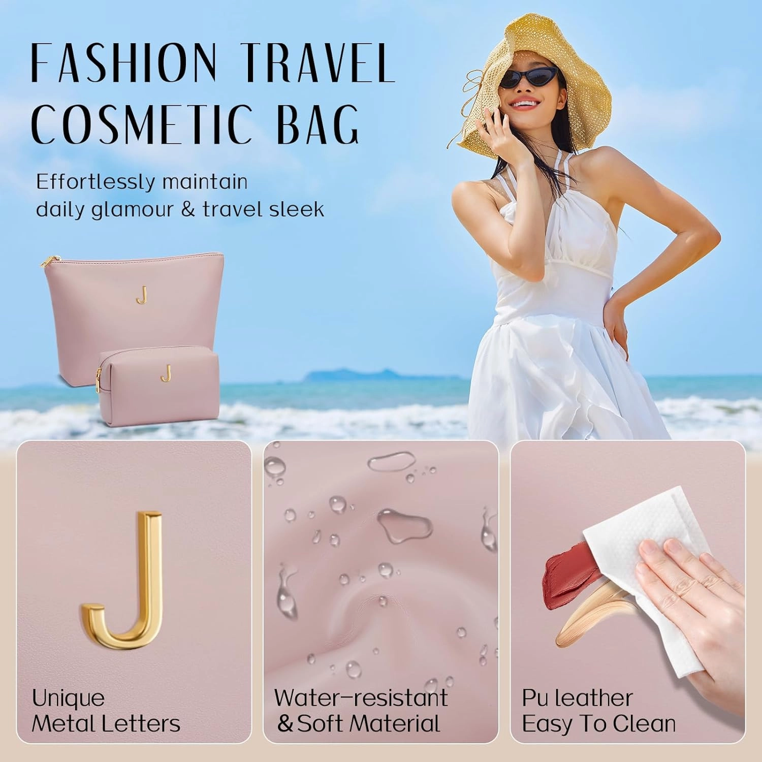 Women Gifts | Initial Makeup Bag Set for Girl Personalized Gifts for Bridesmaid Friend Graduation Teachers PU Leather Cosmetic Travel Toiletry Bag(Pink,J)