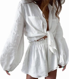 Women's Casual 2 Piece Outfits Lantern Sleeve Button Down Shirt Double Layer Ruffle Hem Shorts Cotton Linen Sets