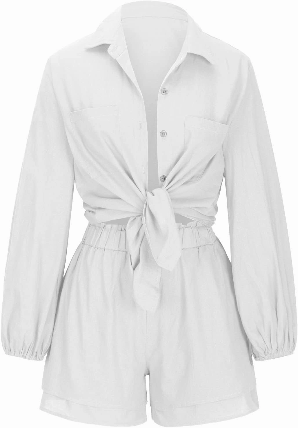 Women's Casual 2 Piece Outfits Lantern Sleeve Button Down Shirt Double Layer Ruffle Hem Shorts Cotton Linen Sets