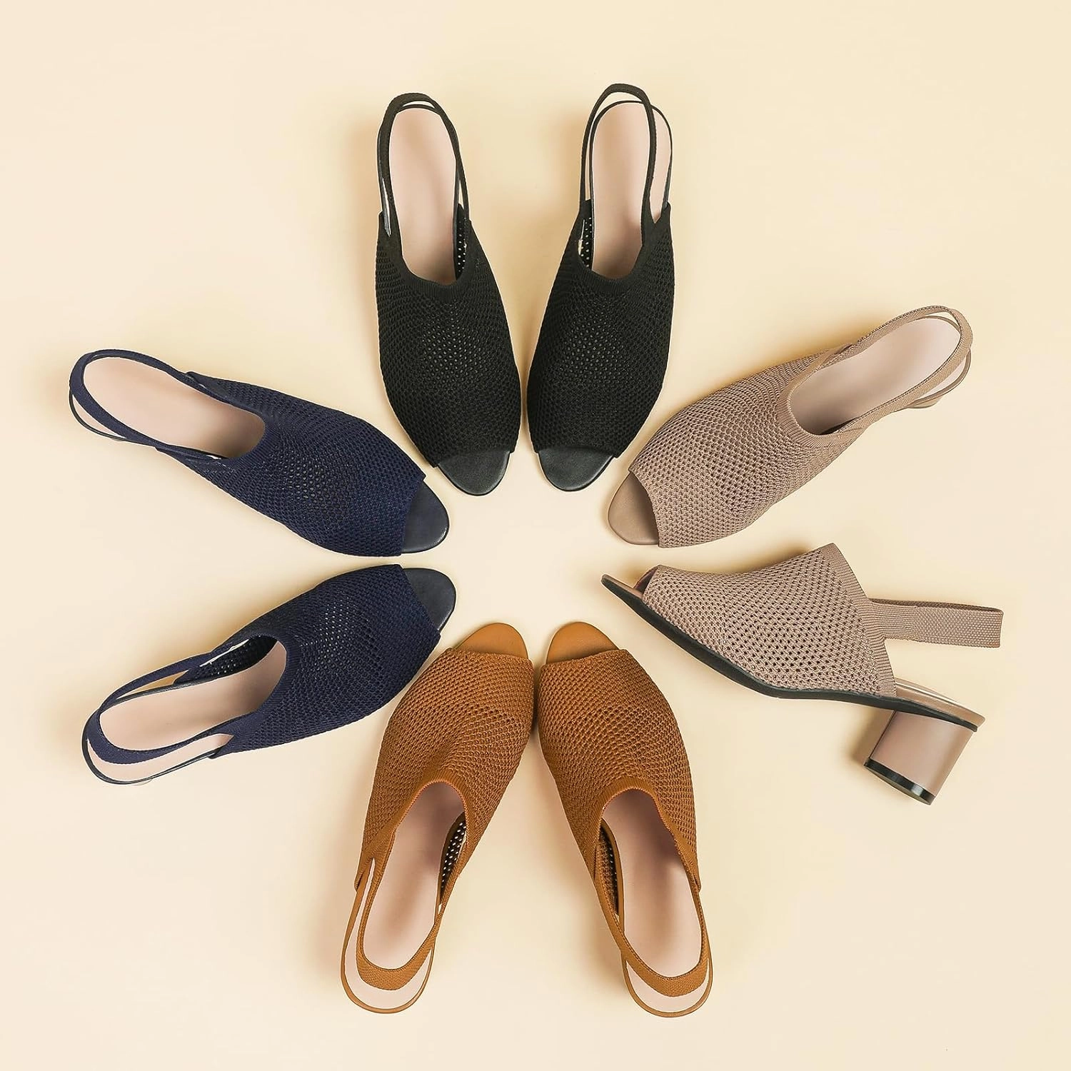 Women's Knit Peep Toe Chunky Block Heeled Sandals with Ankle Strap Fashion Hollow Pointed Toe Elastic Slingback Slip On High Heels Summer Casual Work Office Wedding Dressy Pumps