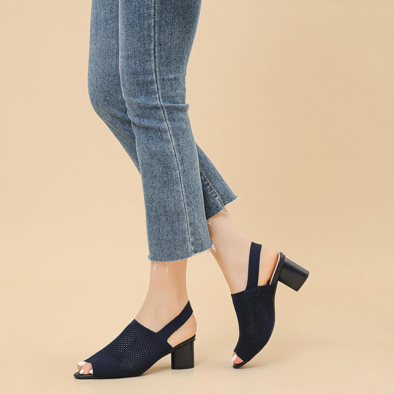 Women's Knit Peep Toe Chunky Block Heeled Sandals with Ankle Strap Fashion Hollow Pointed Toe Elastic Slingback Slip On High Heels Summer Casual Work Office Wedding Dressy Pumps