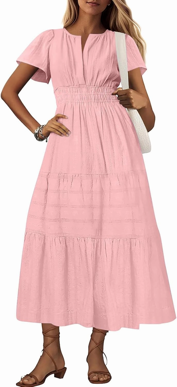 Women's Summer Dresses Short Sleeve V Neck Maxi Dress Casual Smocked Elastic Waist Flowy Swing Long Dresses