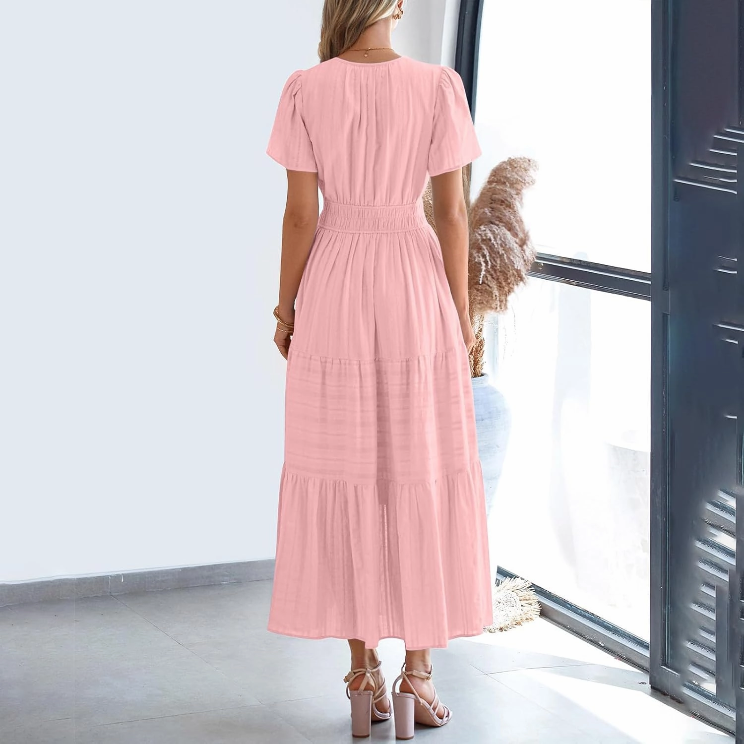Women's Summer Dresses Short Sleeve V Neck Maxi Dress Casual Smocked Elastic Waist Flowy Swing Long Dresses