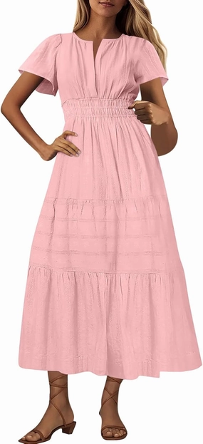 Women's Summer Dresses Short Sleeve V Neck Maxi Dress Casual Smocked Elastic Waist Flowy Swing Long Dresses