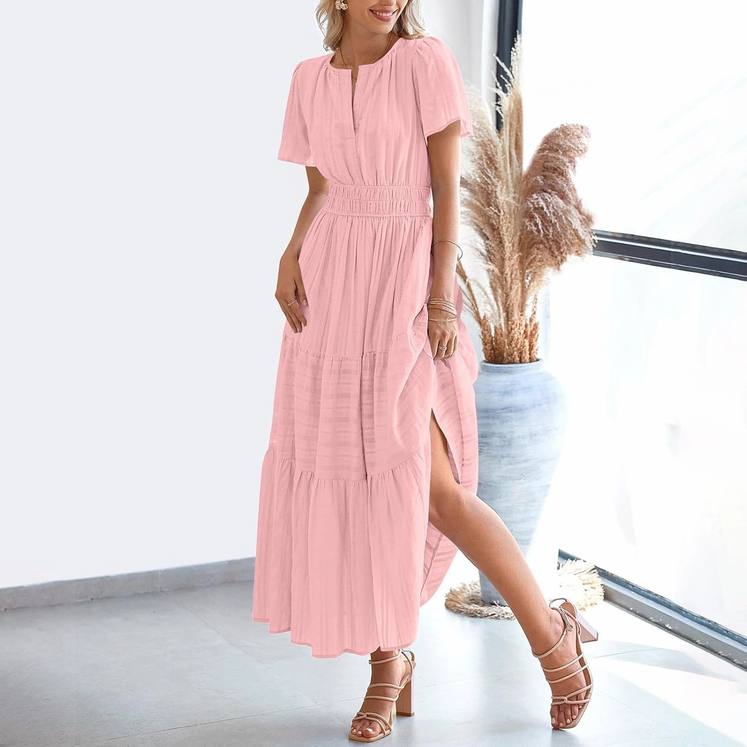 Women's Summer Dresses Short Sleeve V Neck Maxi Dress Casual Smocked Elastic Waist Flowy Swing Long Dresses
