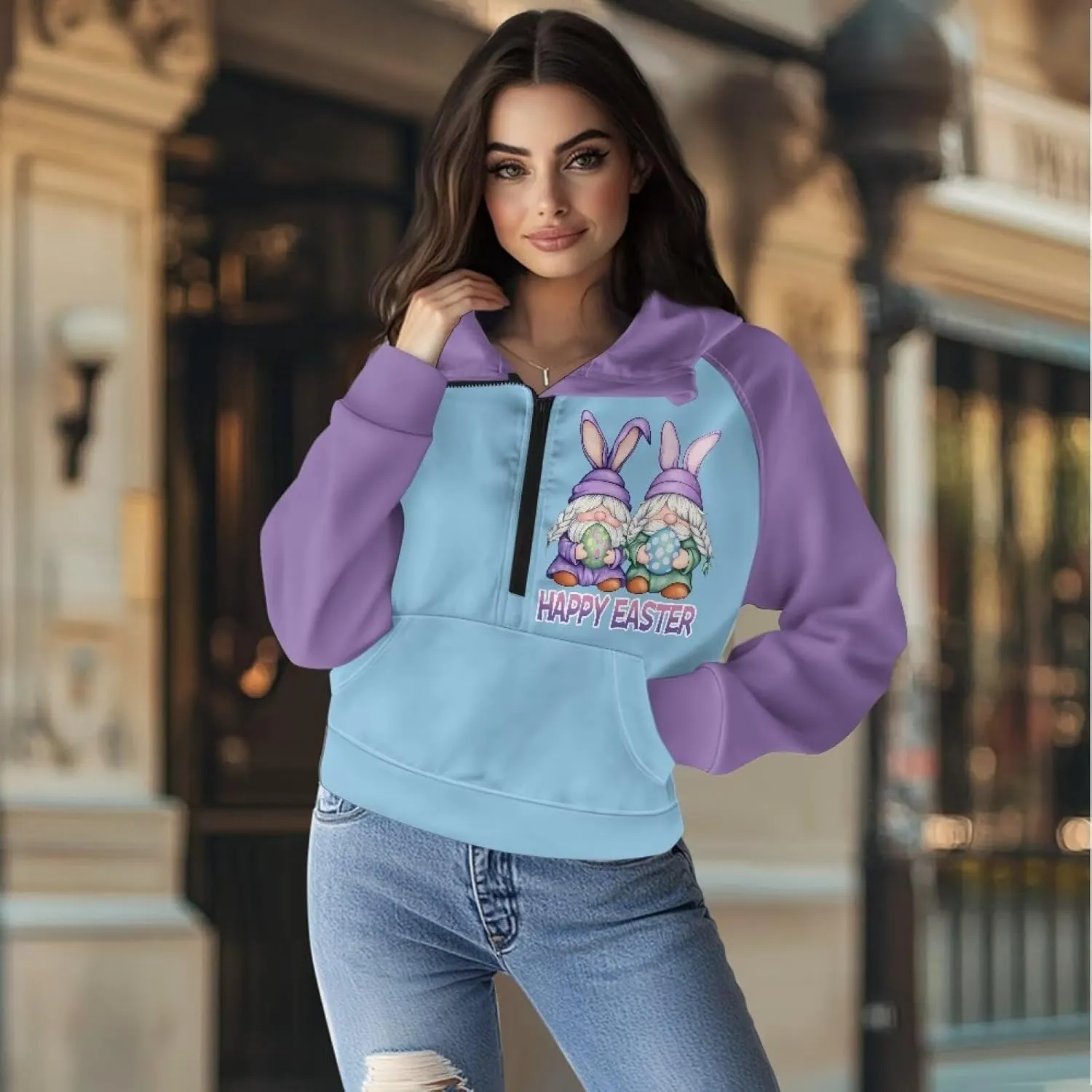 Women's Hoodie, Women's Printed Hoodie, Half Zip Closure, Kangaroo Pocket, S - 2XL.