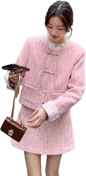 Women's Sweet Temperament Chinese Coat Skirt Two-Piece Set O-Neck Single Bead Celebrity Slim Suit