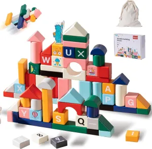 Wooden Blocks Set 88Pcs Building Blocks for Toddlers Shape Sorting Stacking Toy Natural Wood Storage Bag Educational Toy Set (Aie-02)