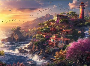 Wooden Jigsaw Puzzles for Seniors Elders Relaxing 500 Piece Lighthouse Fishing Village Puzzle Games for Men Women Funny Parent Child Game Toy