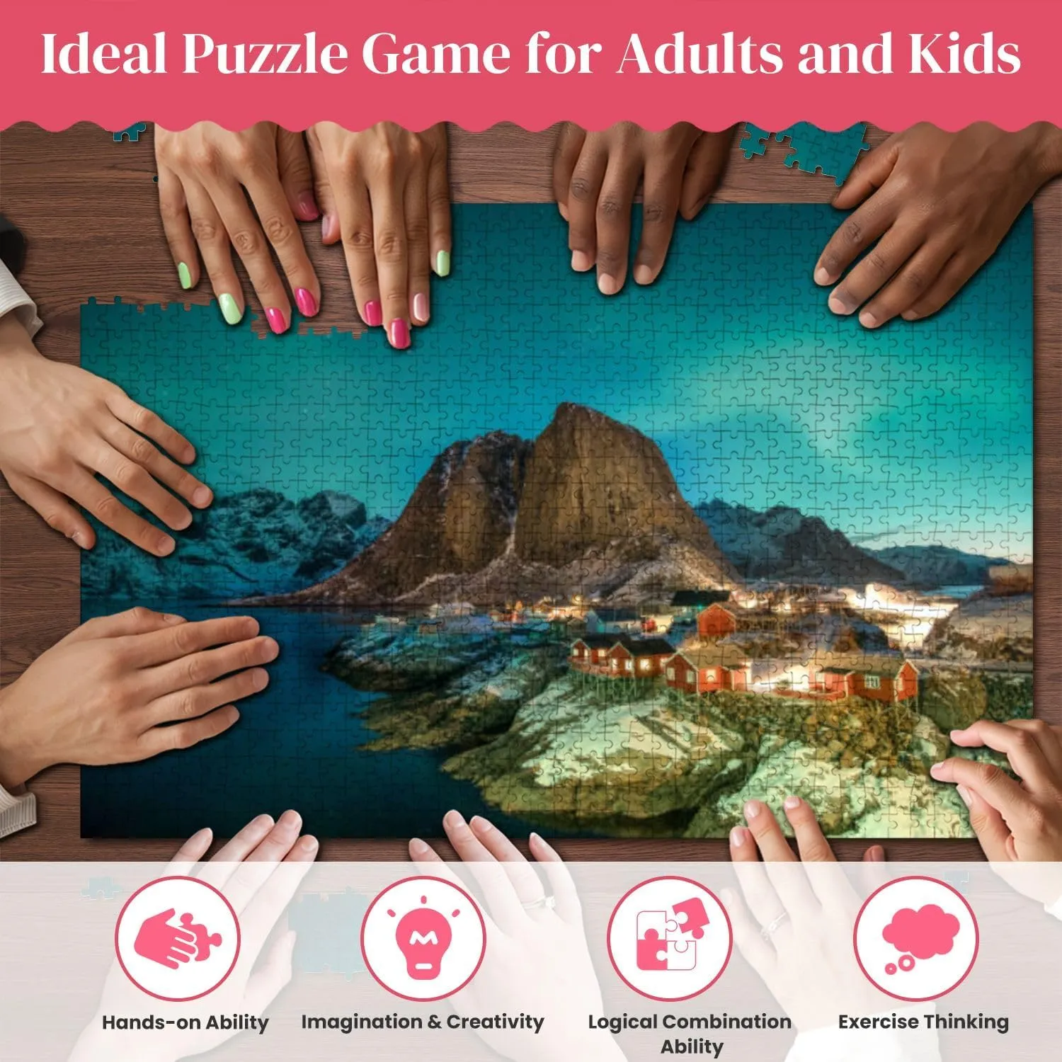 Wooden Puzzles Borealis Mountain Fishing Village Hamnoy Jigsaw Puzzles for Adults 1000 Pieces Impossible Puzzle Challenging Puzzle Educational Toys Decompression Game