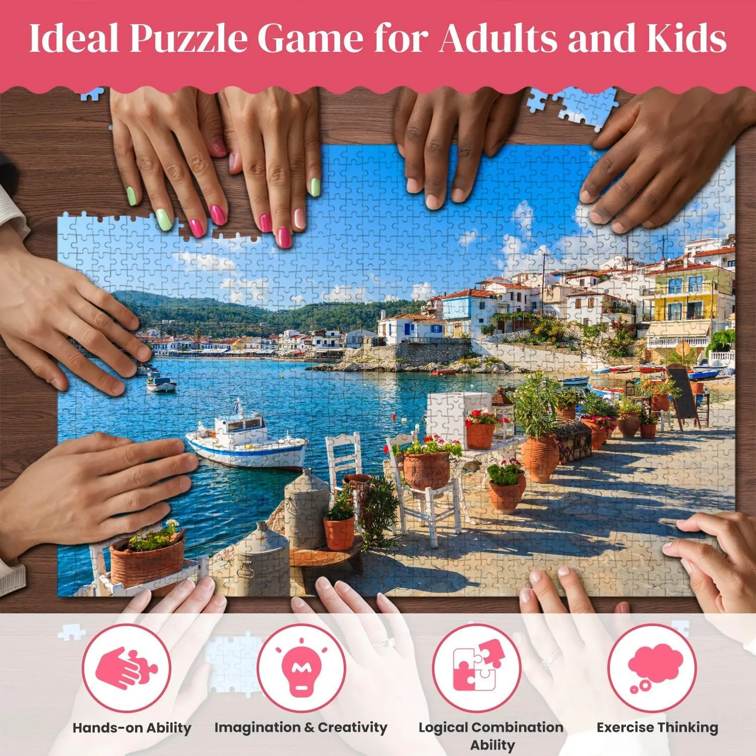 Wooden Puzzles Flower View Fishing Boats Jigsaw Puzzles for Adults 1000 Pieces Impossible Puzzle Challenging Puzzle Educational Toys Decompression Game