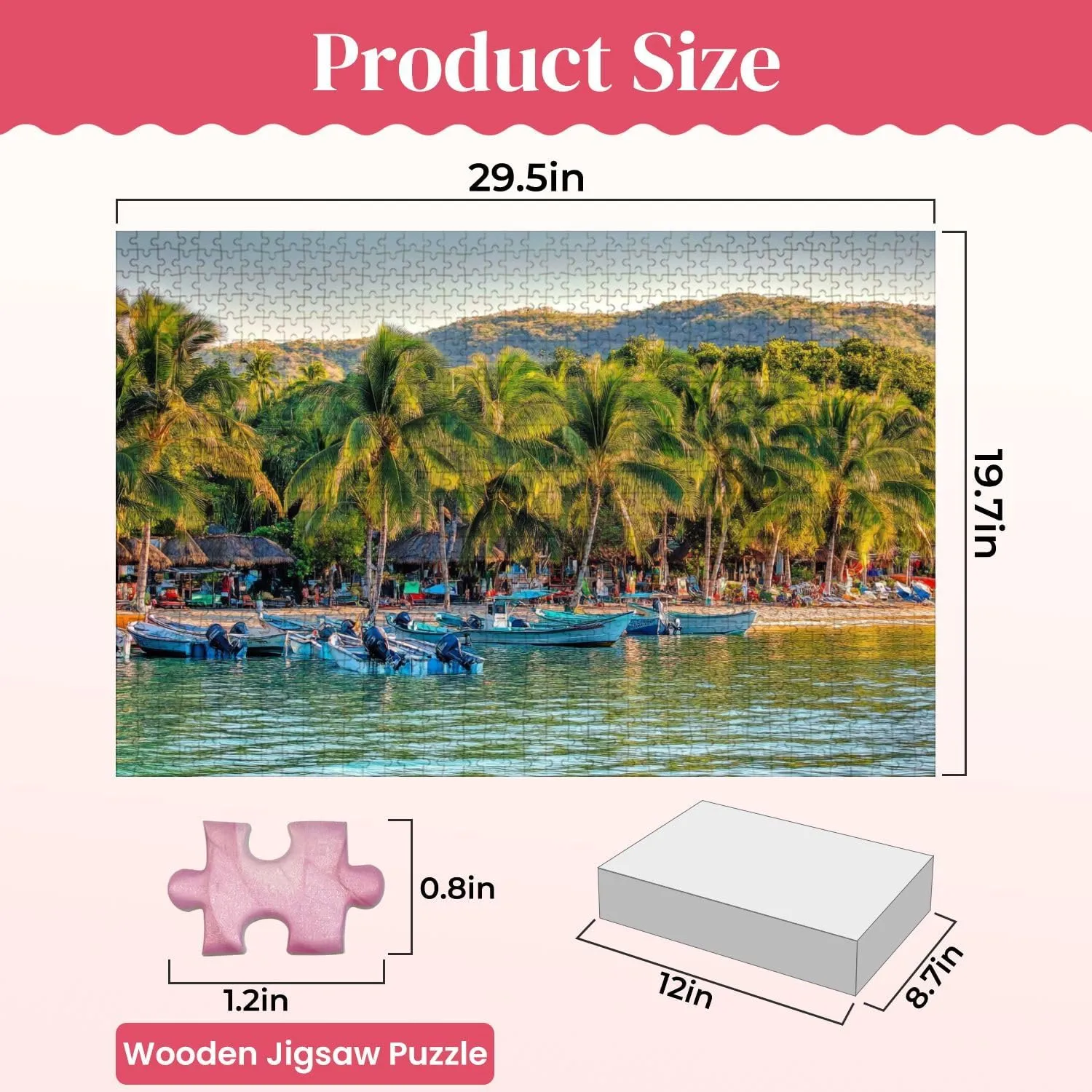 Wooden Puzzles Palm Trees Fishing Boats Zihuatanejo Beach Sunset Light Jigsaw Puzzles for Adults 1000 Pieces Impossible Puzzle Challenging Puzzle Educational Toys Decompression Game