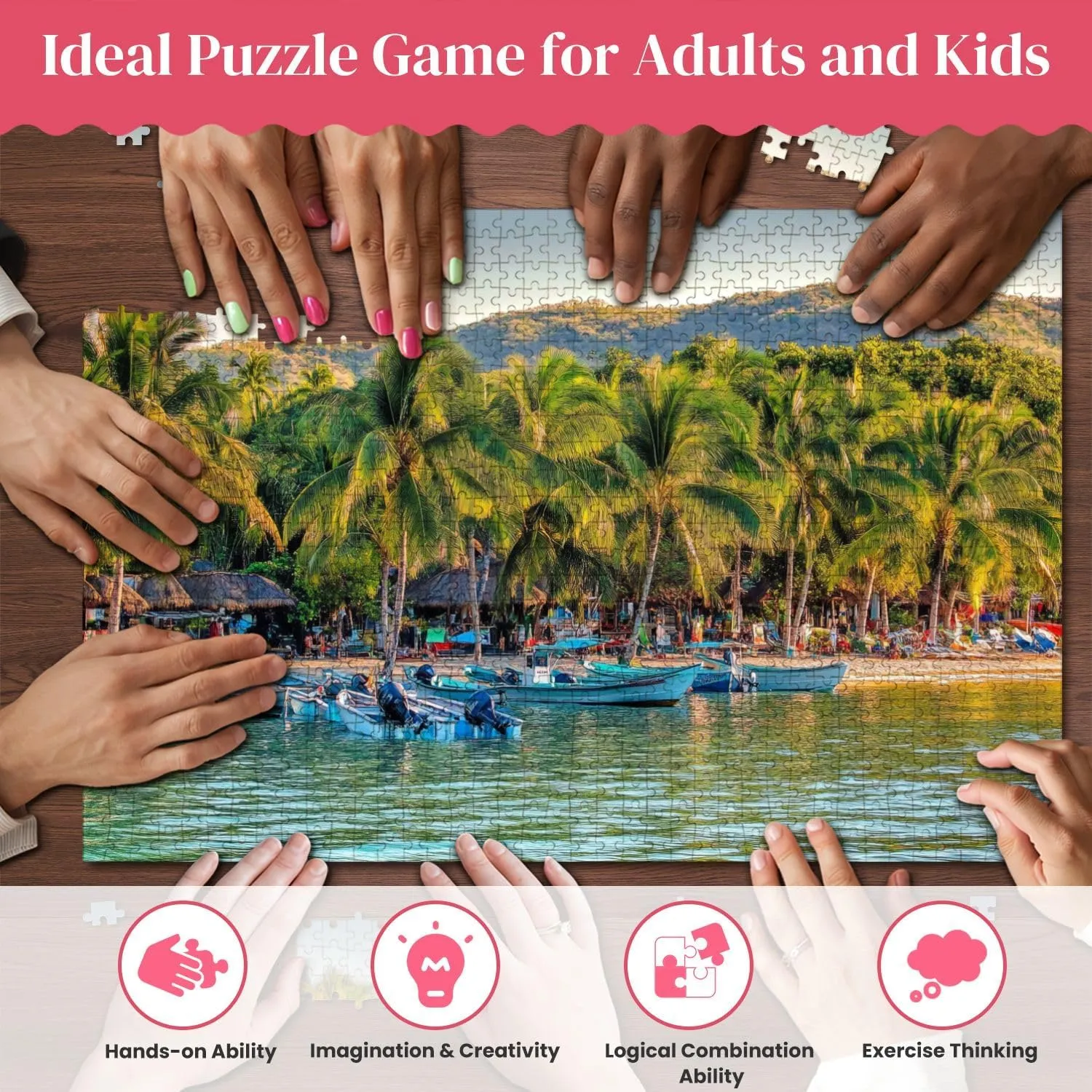 Wooden Puzzles Palm Trees Fishing Boats Zihuatanejo Beach Sunset Light Jigsaw Puzzles for Adults 1000 Pieces Impossible Puzzle Challenging Puzzle Educational Toys Decompression Game