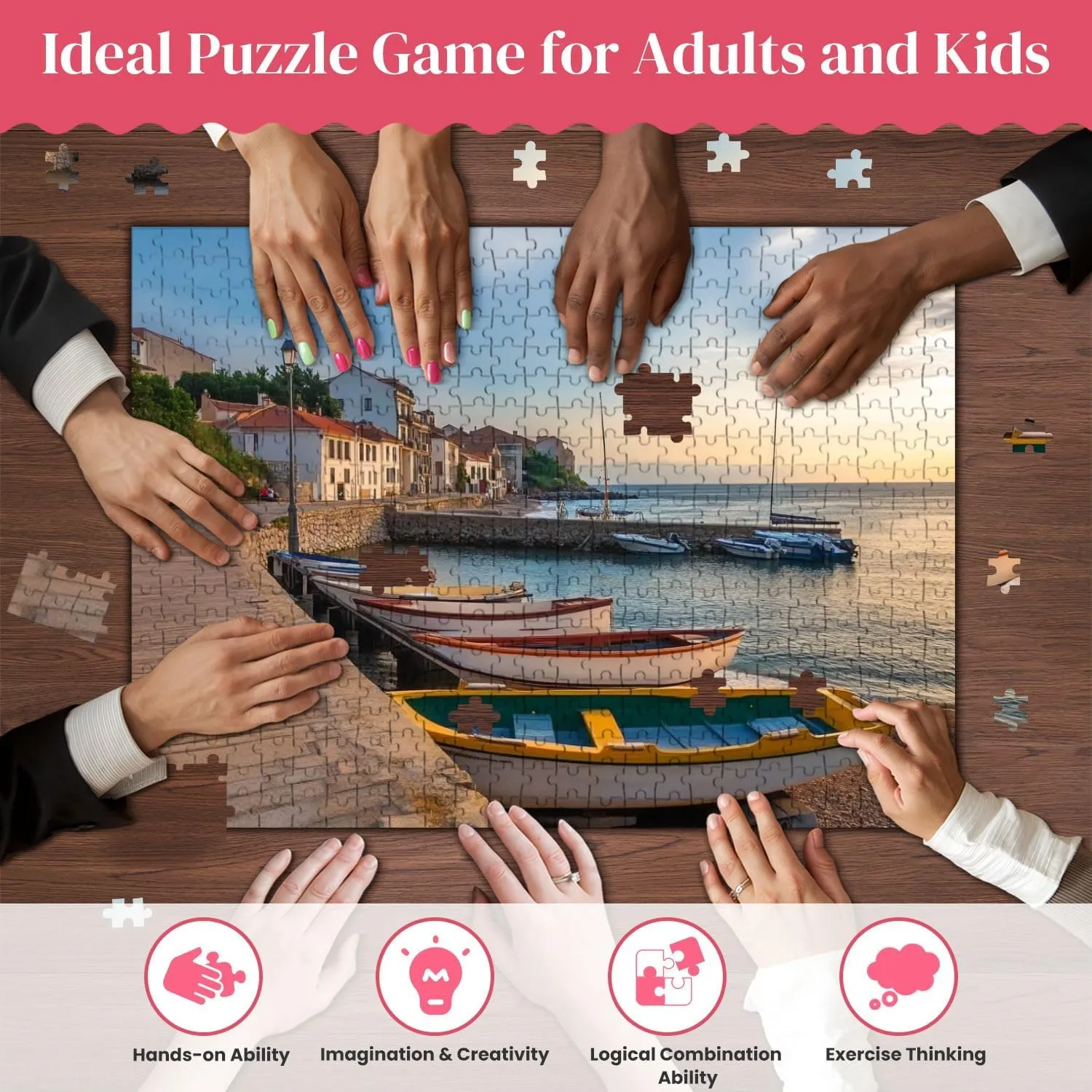 Wooden Puzzles Sunset Fishing Port Town Guethary Province Lapurdi French Basque Jigsaw Puzzles for Adults 500 Pieces Impossible Puzzle Challenging Puzzle Educational Toys Decompression Game